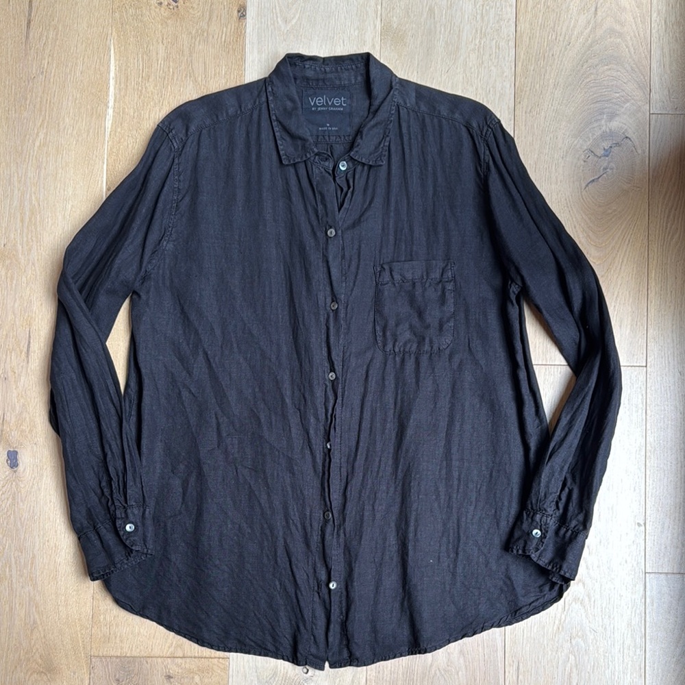 Velvet Black Linen Button Down Shirt Relaxed Fit